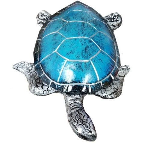 Cast aluminum sea turtle statue with blue shell, ideal for garden or yard decor