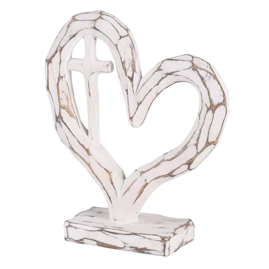 Tabletop Heart With Cross White 7.5H - Backyard Buddies