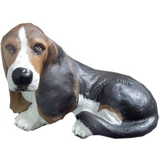 Cast aluminum basset hound statue for yard or home decor, lifelike design with brown, black, and white finish