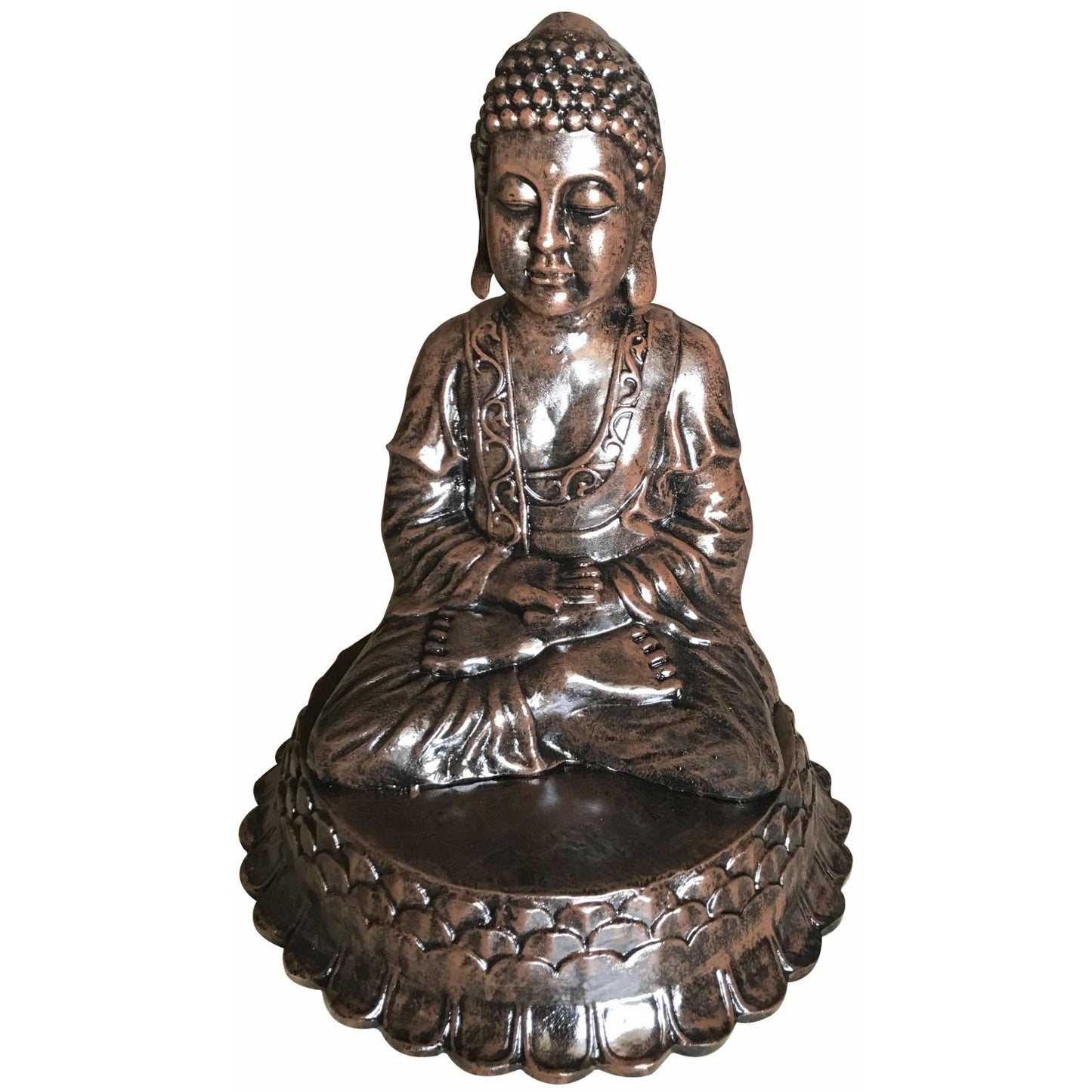 Cast aluminum Buddha statue for garden or home decor, meditating on lotus base