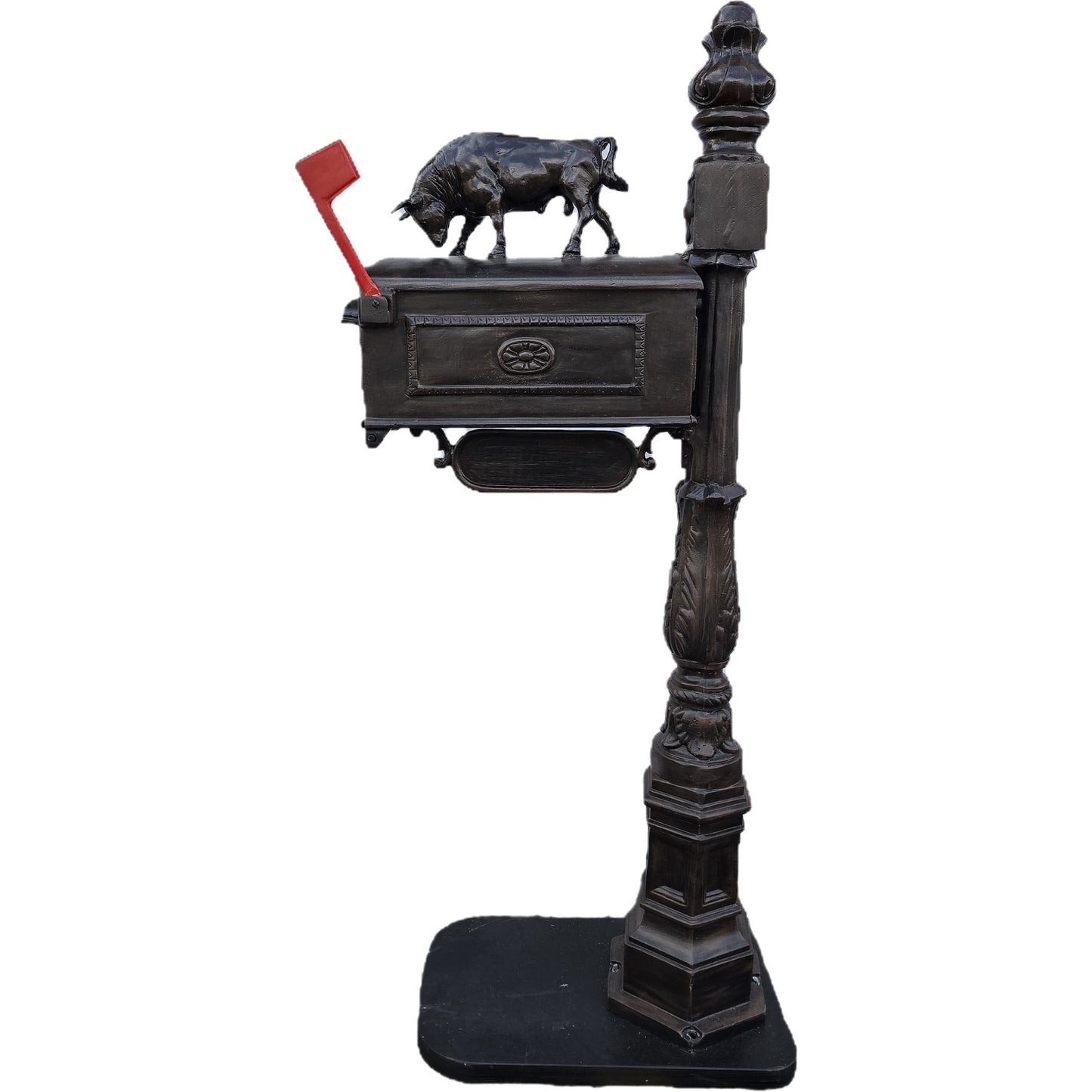 Cast aluminum mailbox with bull statue, ornate post for yard decor