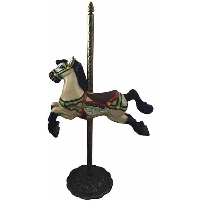 Cast aluminum carousel horse statue for yard or home decor, classic design with colorful saddle