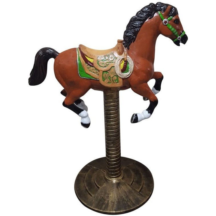 Cast aluminum horse statue with green saddle, decorative base for yard or home decor