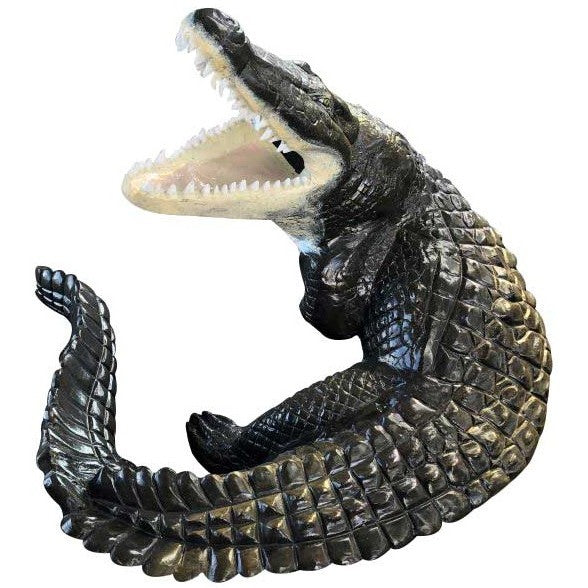 Cast aluminum alligator statue with open mouth, detailed scales, for yard or home decor