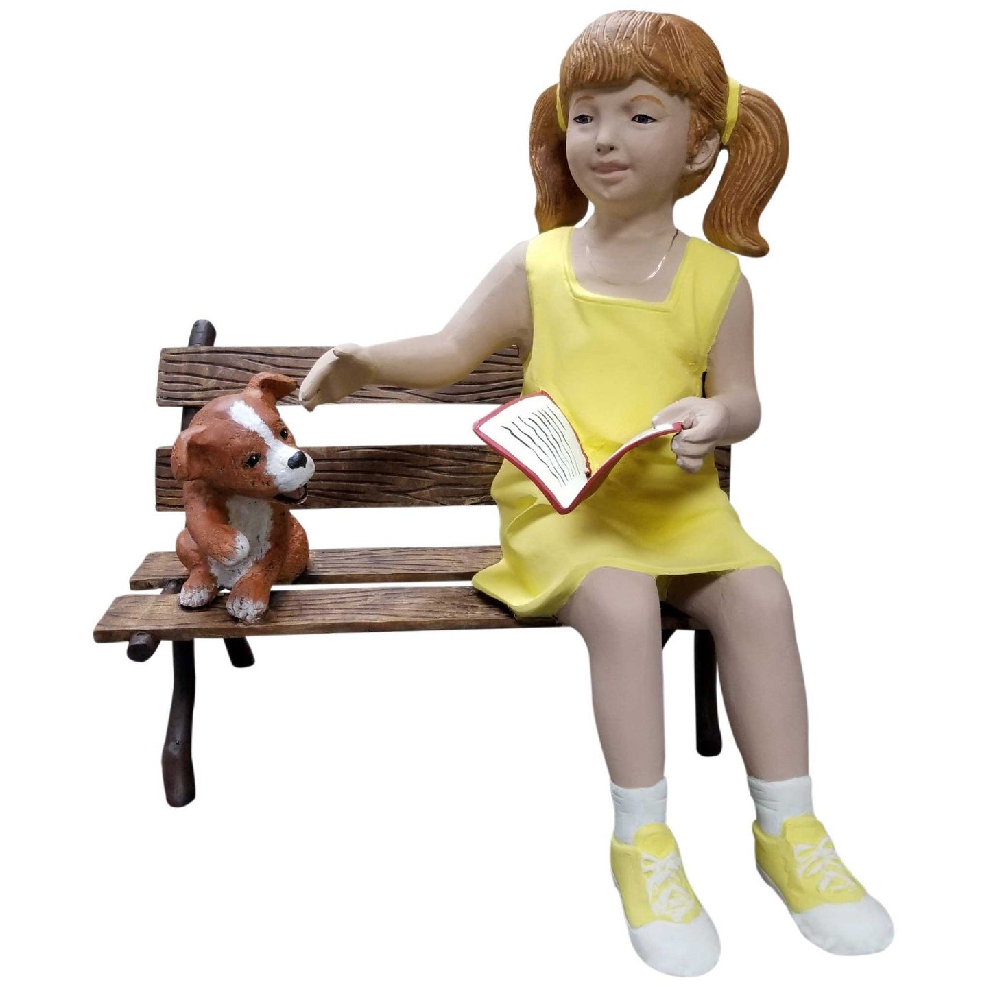 Cast aluminum girl reading book with dog on bench, outdoor garden statue decor