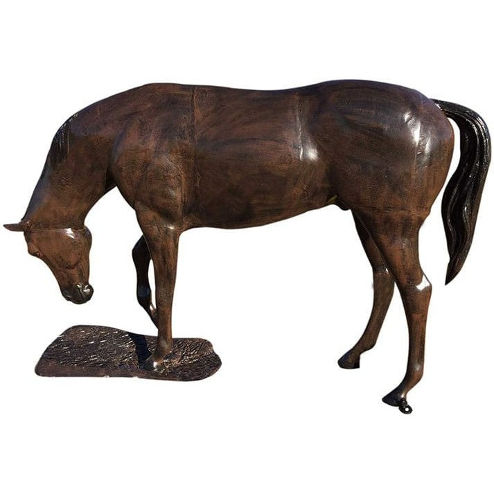 Cast aluminum horse statue grazing, perfect for yard or garden decor with detailed craftsmanship