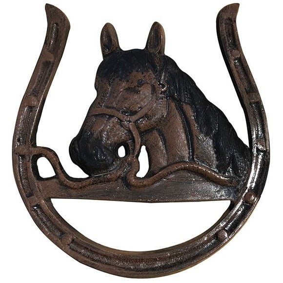 Cast aluminum horse head statue in horseshoe frame for yard or home decor