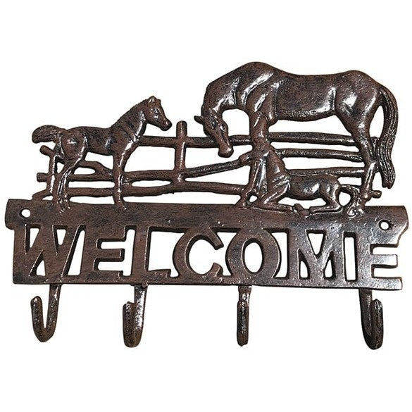 Cast aluminum welcome sign with horse and foal by fence, rustic wall hook decor