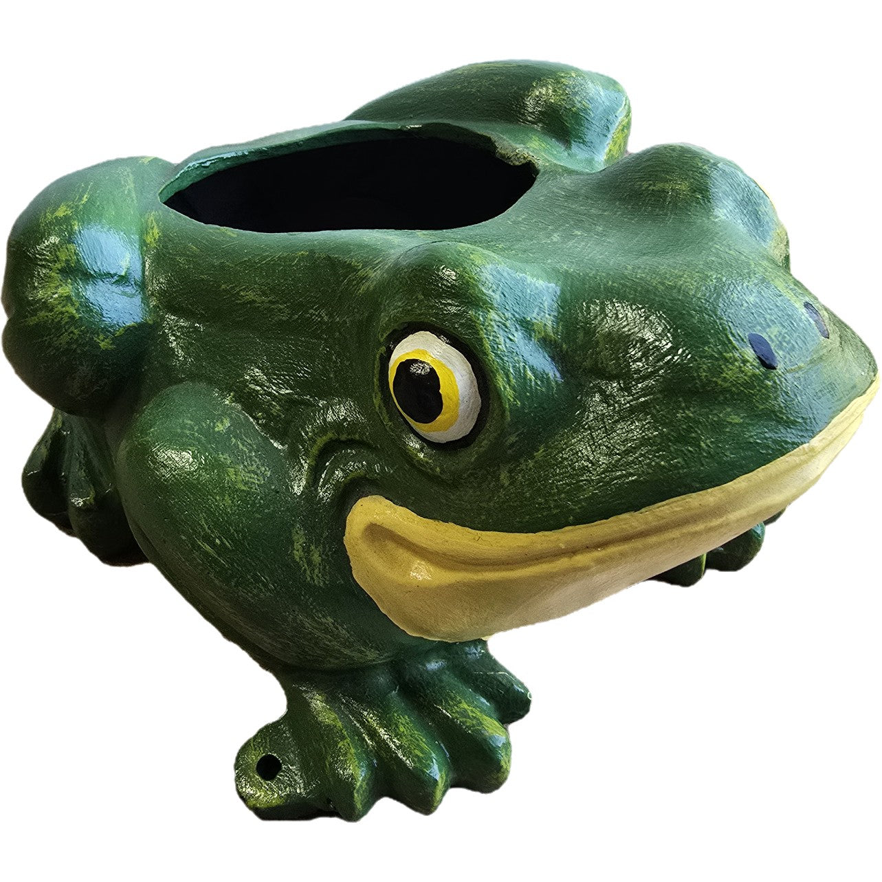 Green cast aluminum frog planter for garden or yard decor with cheerful expression