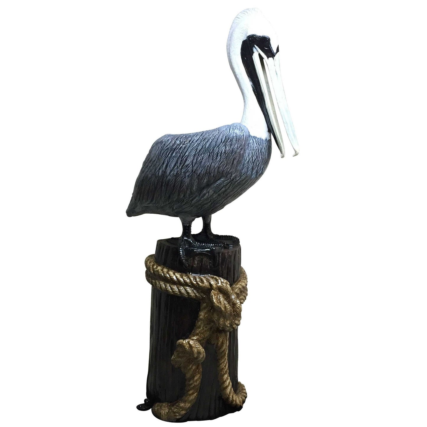 Cast aluminum pelican statue perched on post with rope, outdoor yard decor