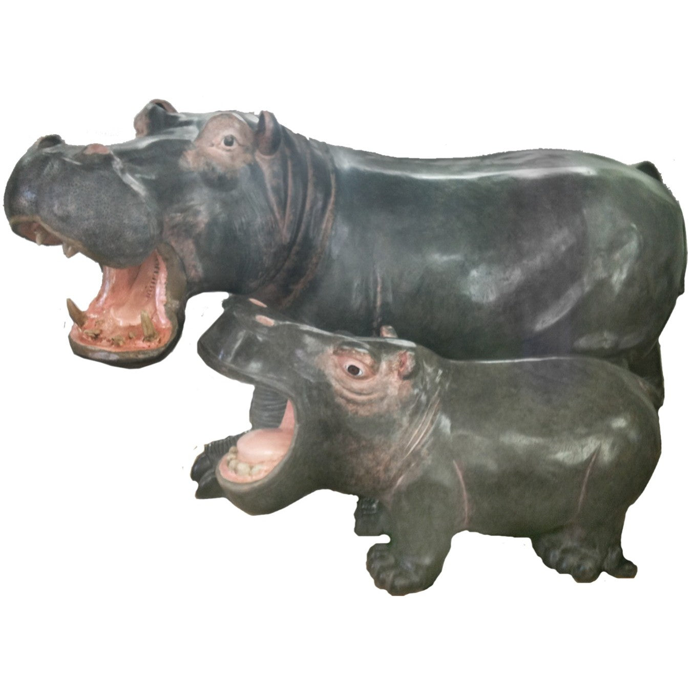 Cast aluminum hippo statues with open mouths, perfect for yard or garden decor