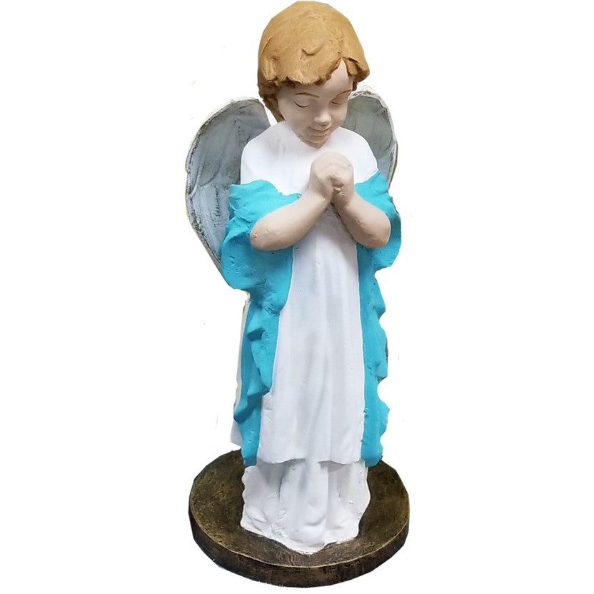Praying angel statue with blue wings and white robe, cast aluminum garden decor