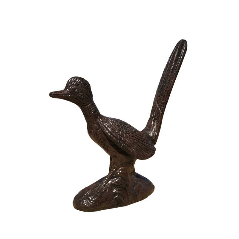 Cast aluminum roadrunner statue for yard or home decor, detailed feather texture, bronze finish