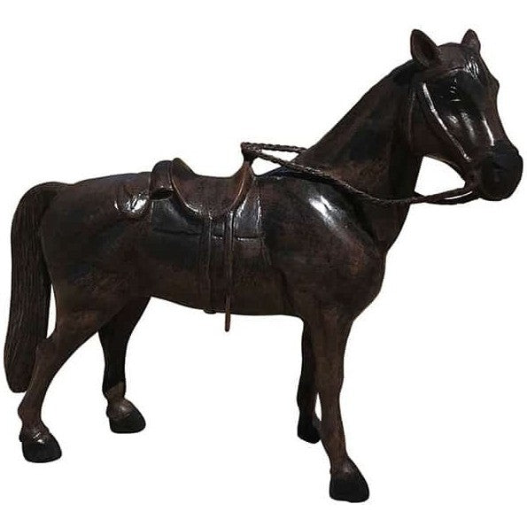 Cast aluminum horse statue with saddle, ideal for yard or home decor