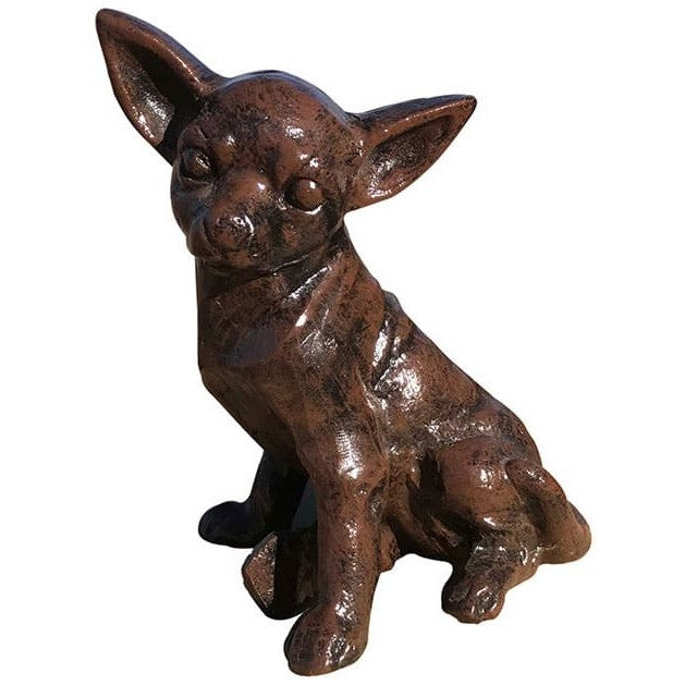 Cast aluminum Chihuahua statue for yard or home decor, bronze finish, sitting pose