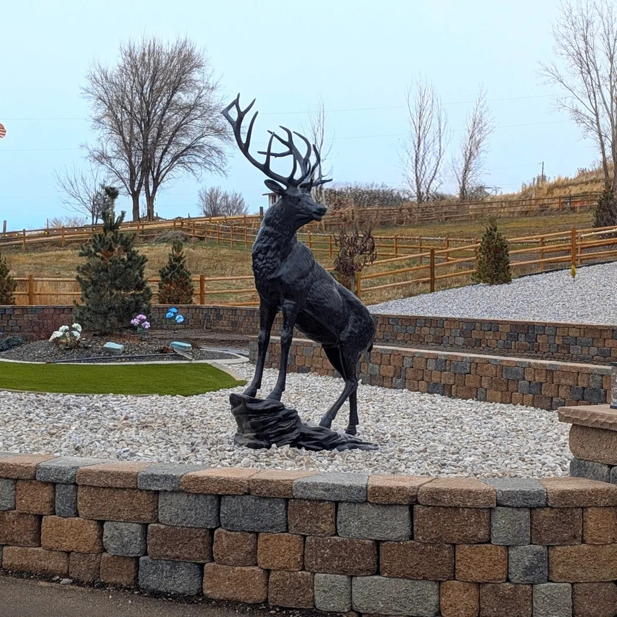 Cast aluminum deer statue with large antlers, perfect for yard or garden decor