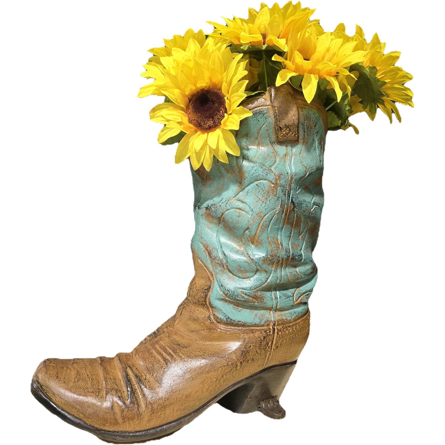 Turquoise and brown cowboy boot planter with sunflowers, rustic home or yard decor