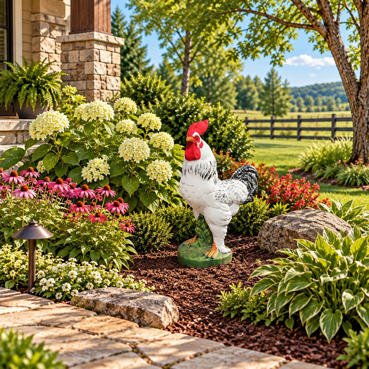 Cast aluminum rooster statue with red comb, white feathers, black tail, standing on green base for yard decor
