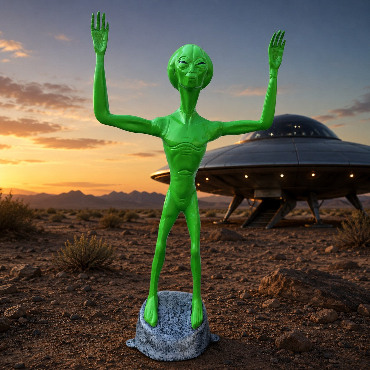 Cast aluminum alien statue with hands raised. Great for retail store displays including gun stores, porches, cabins, and more!