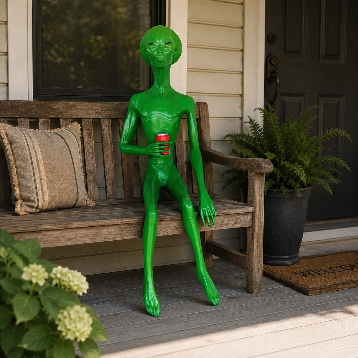 Cast aluminum sitting alien statue that will sit on a chair or bench. Great for retail store displays including gun stores, porches, cabins, and more!