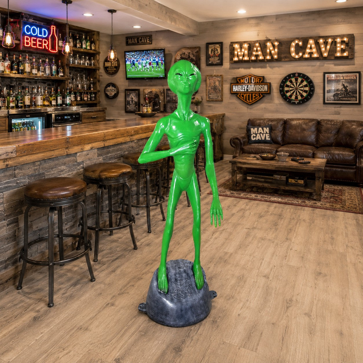 Cast aluminum alien statue with cupped hand to hold a can.