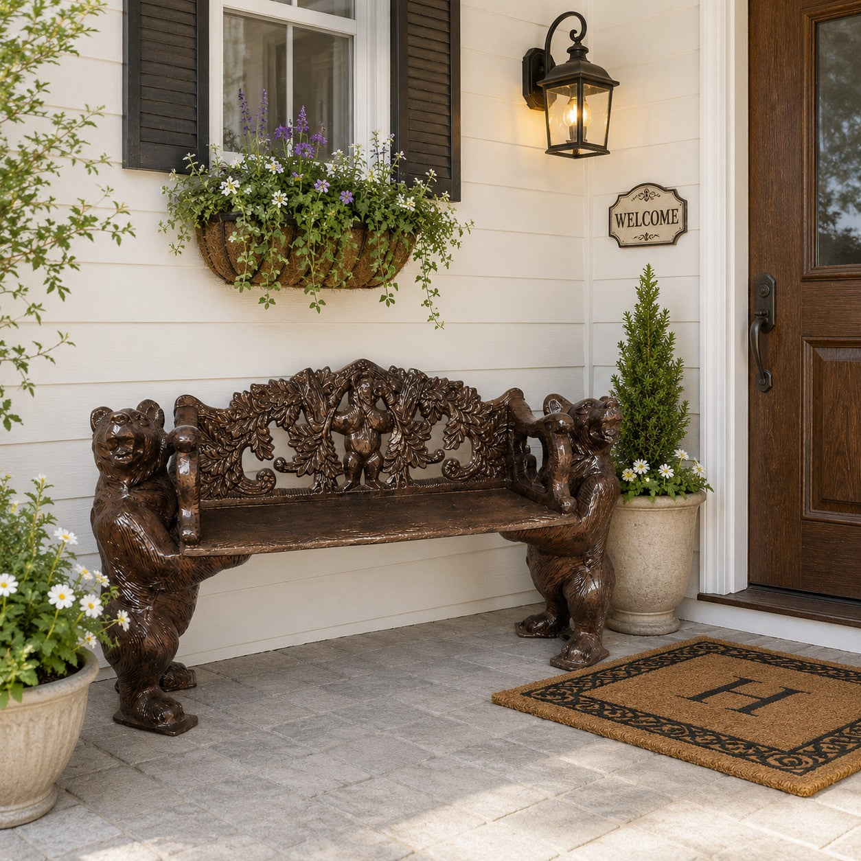 Cast aluminum garden bench with bear statues and leafy backrest, outdoor yard decor