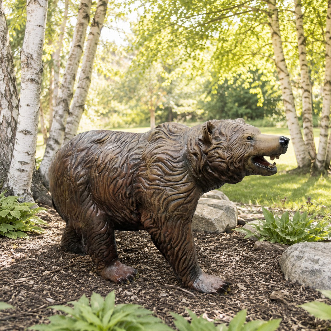 Cast aluminum bear statue for yard decor with detailed fur and roaring expression