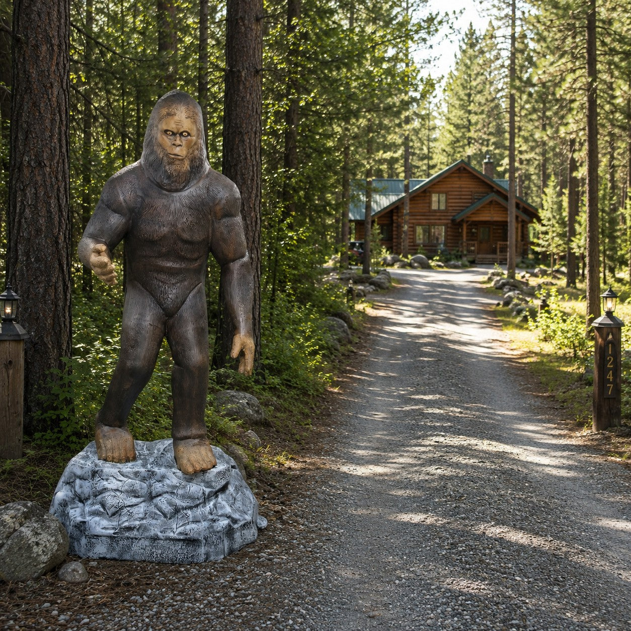 Cast aluminum bigfoot on rock with his head straight