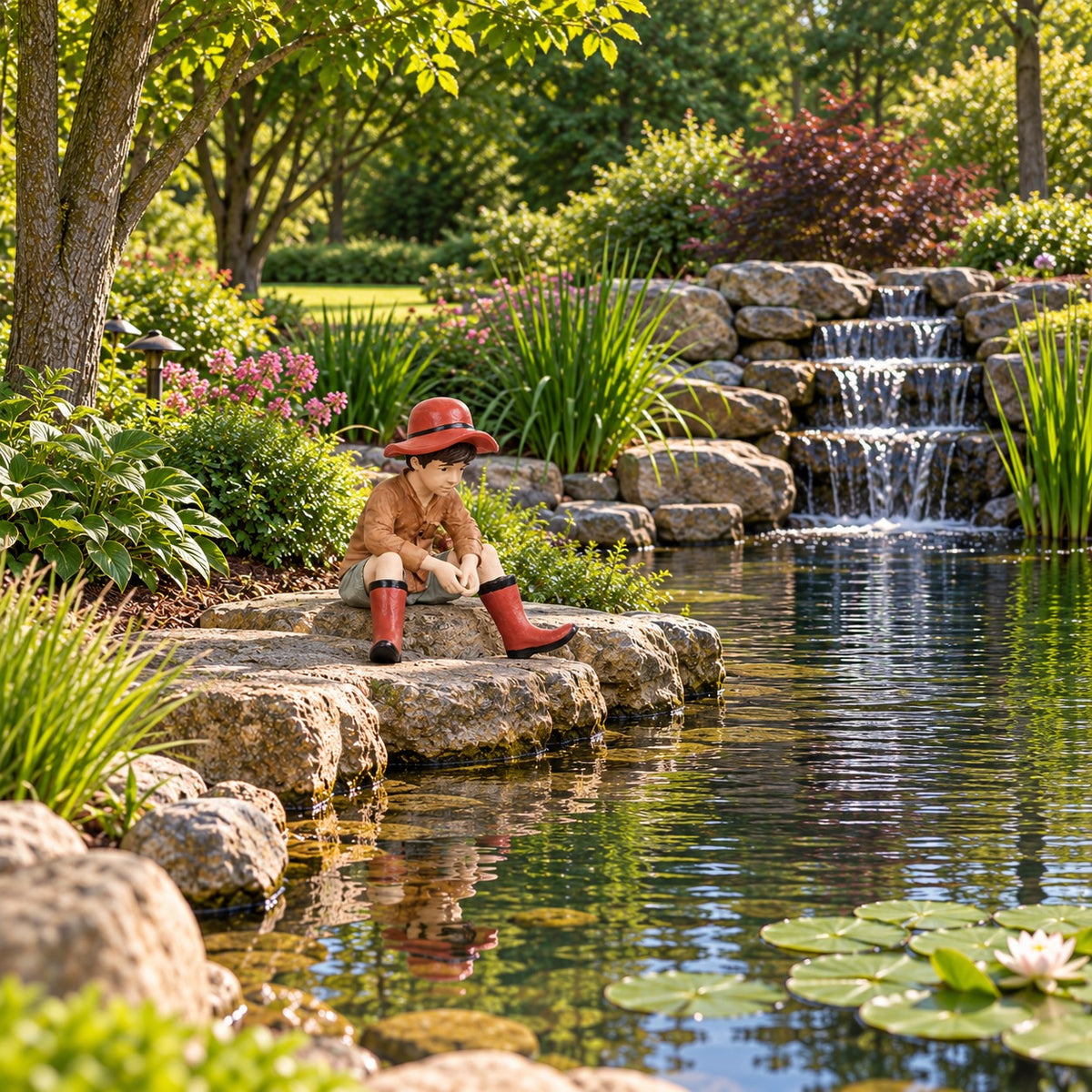 Cast aluminum boy fishing for outdoor yard and garden spaces