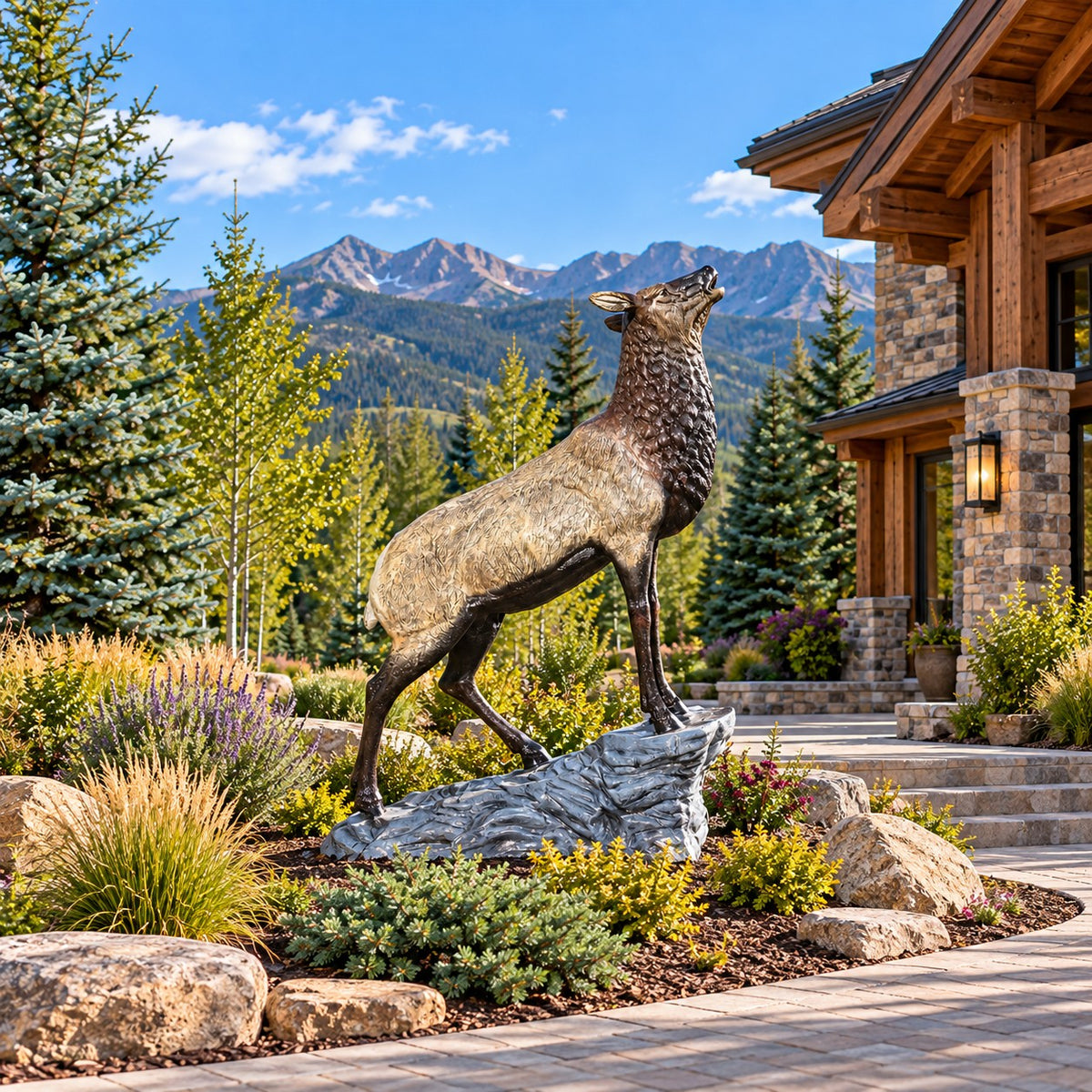 Cast aluminum cow elk with head straight on rock