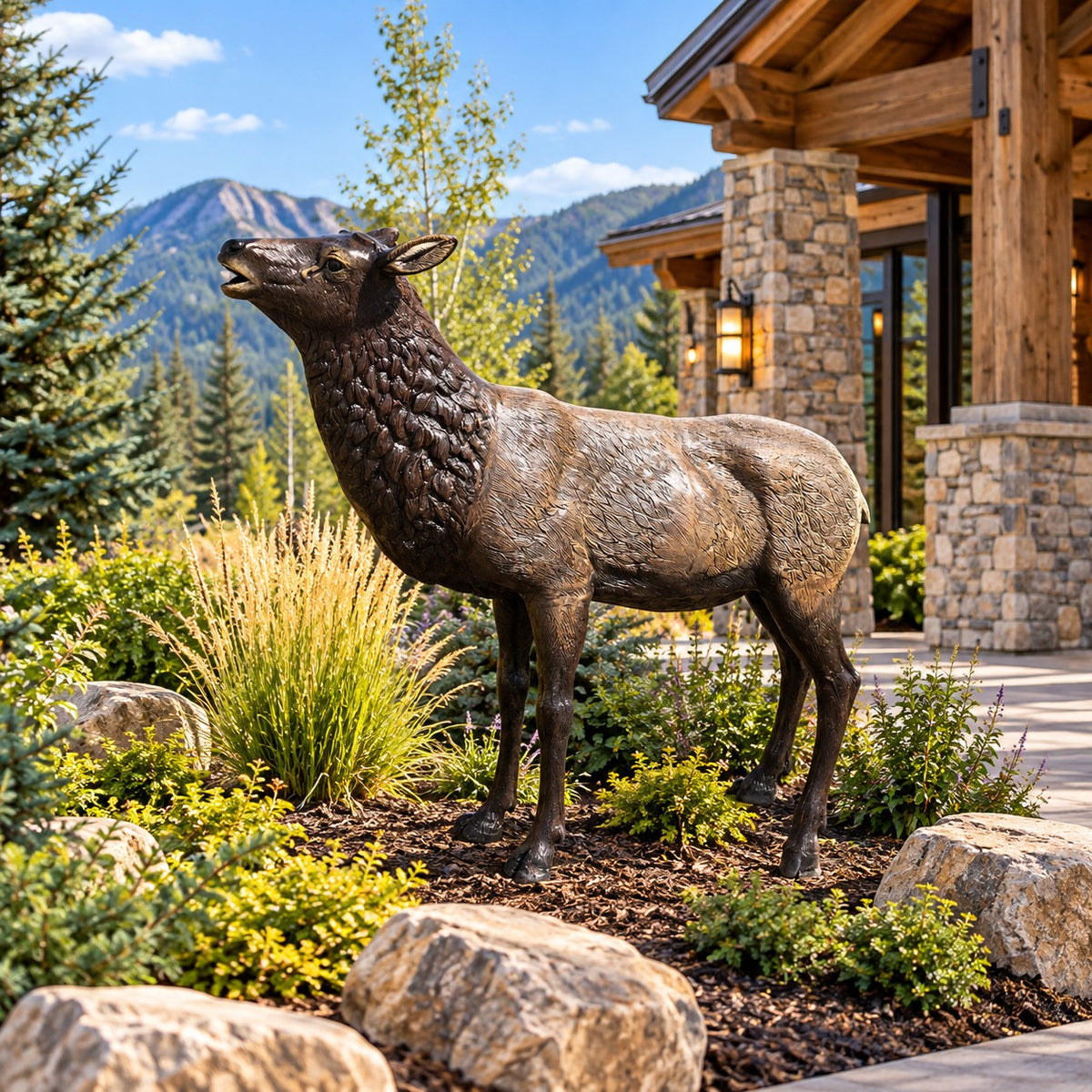 Cast aluminum deer statue with detailed fur texture, perfect for yard or garden decor