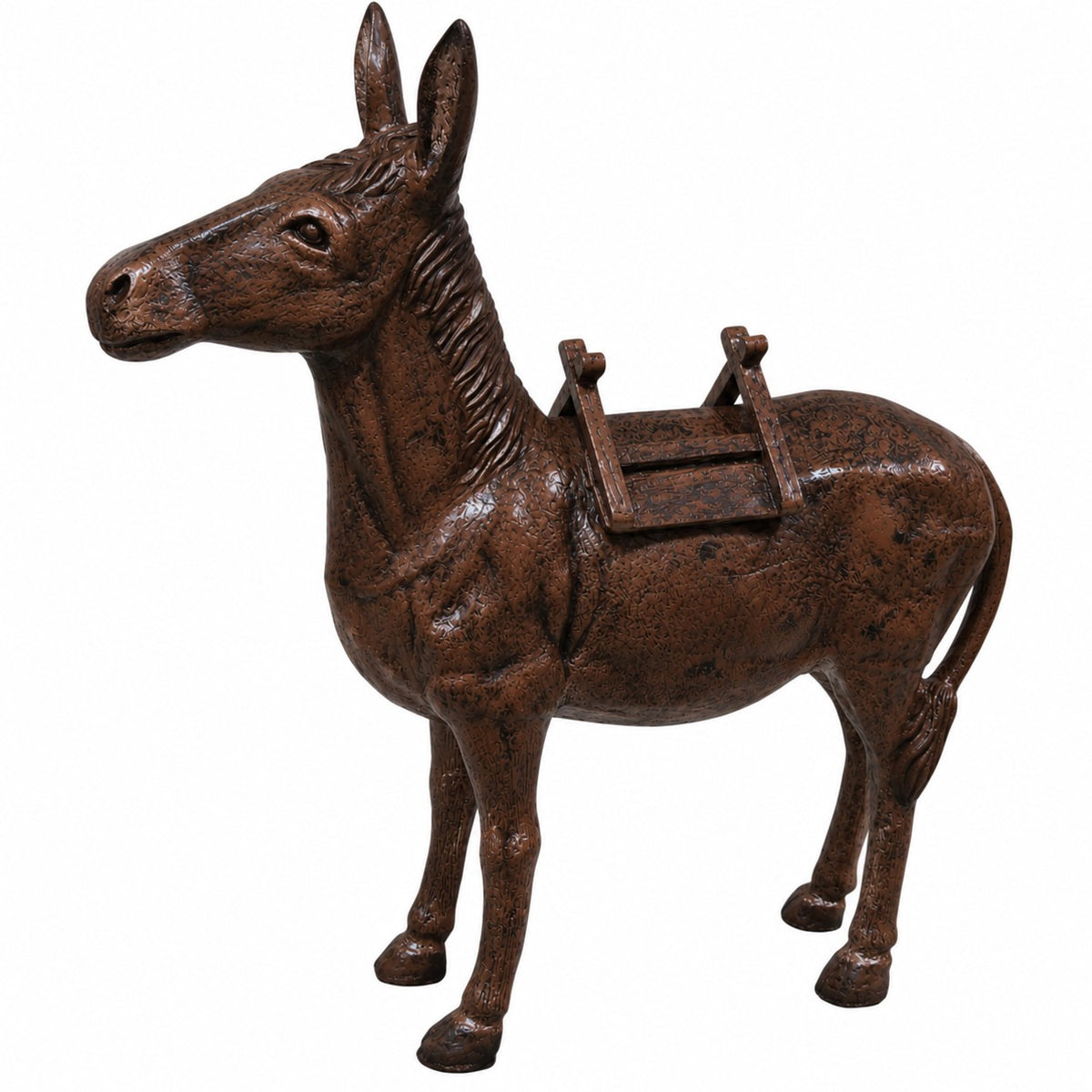 Cast aluminum donkey statue with bronze finishes for residential or commercial display spaces.