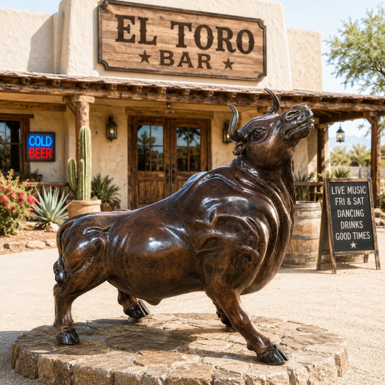 Cast aluminum bull statue for yard or home decor, featuring detailed craftsmanship and a dynamic pose.