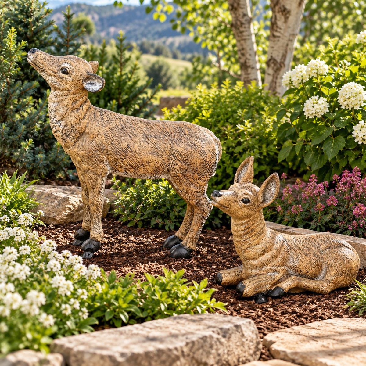 cast aluminum elk fawn statues in natural colors for yard and garden