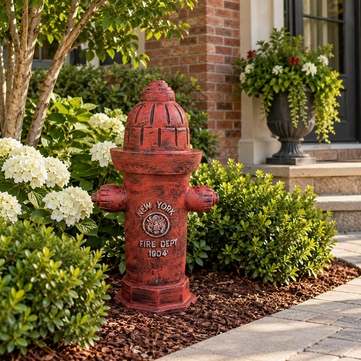 Red cast aluminum fire hydrant statue with 'New York Fire Dept 1904' detail, vintage outdoor decor
