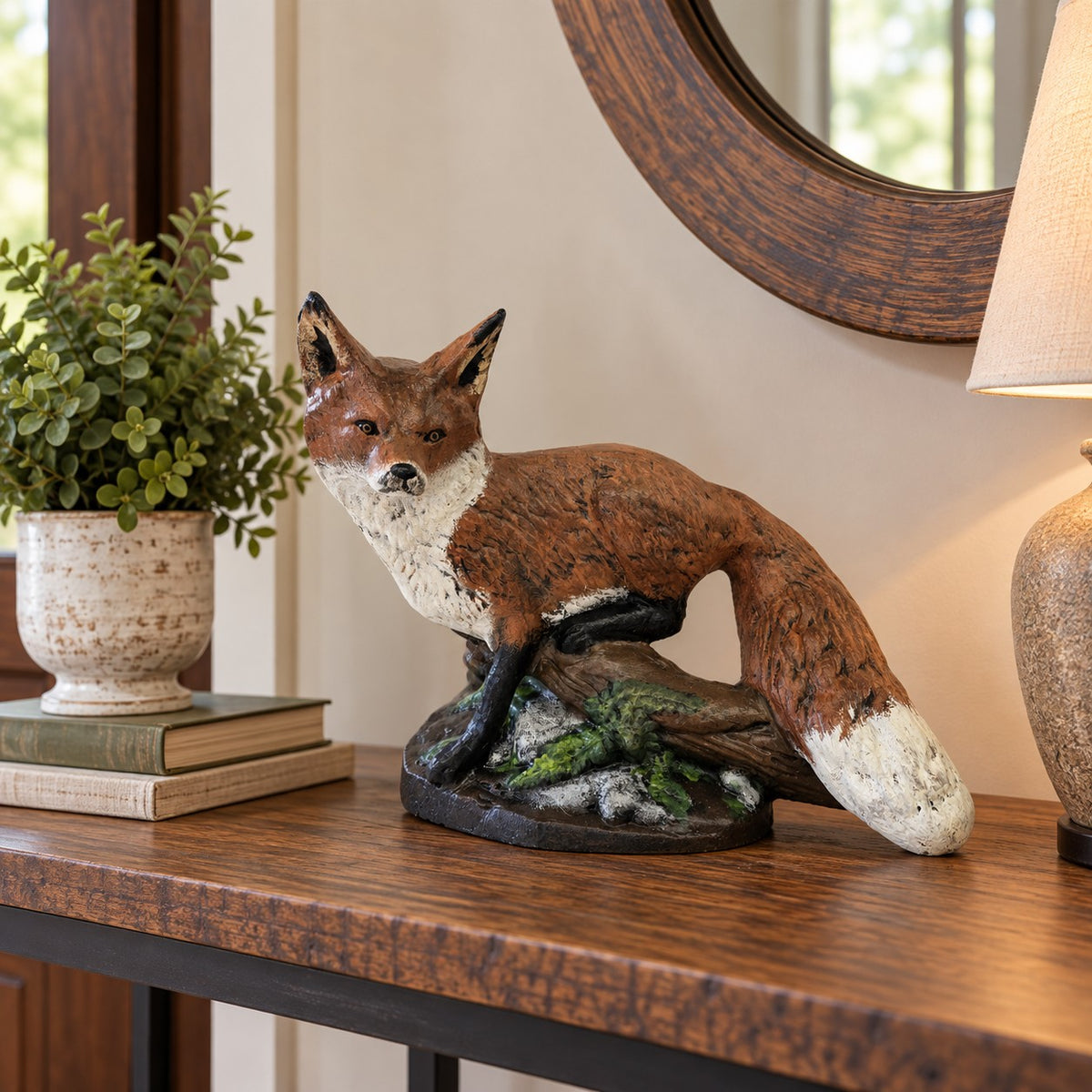 Cast aluminum fox statue with detailed fur, perched on log base for garden, yard, or home decor