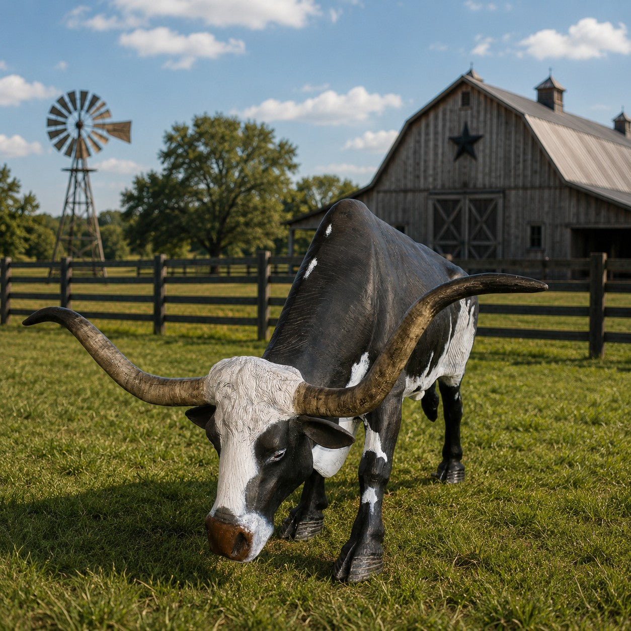 Cast aluminum grazing longhorn statue for any outdoor space both personal or business use