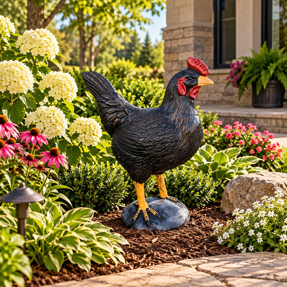3 foot cast aluminum hen shown in black in garden bed