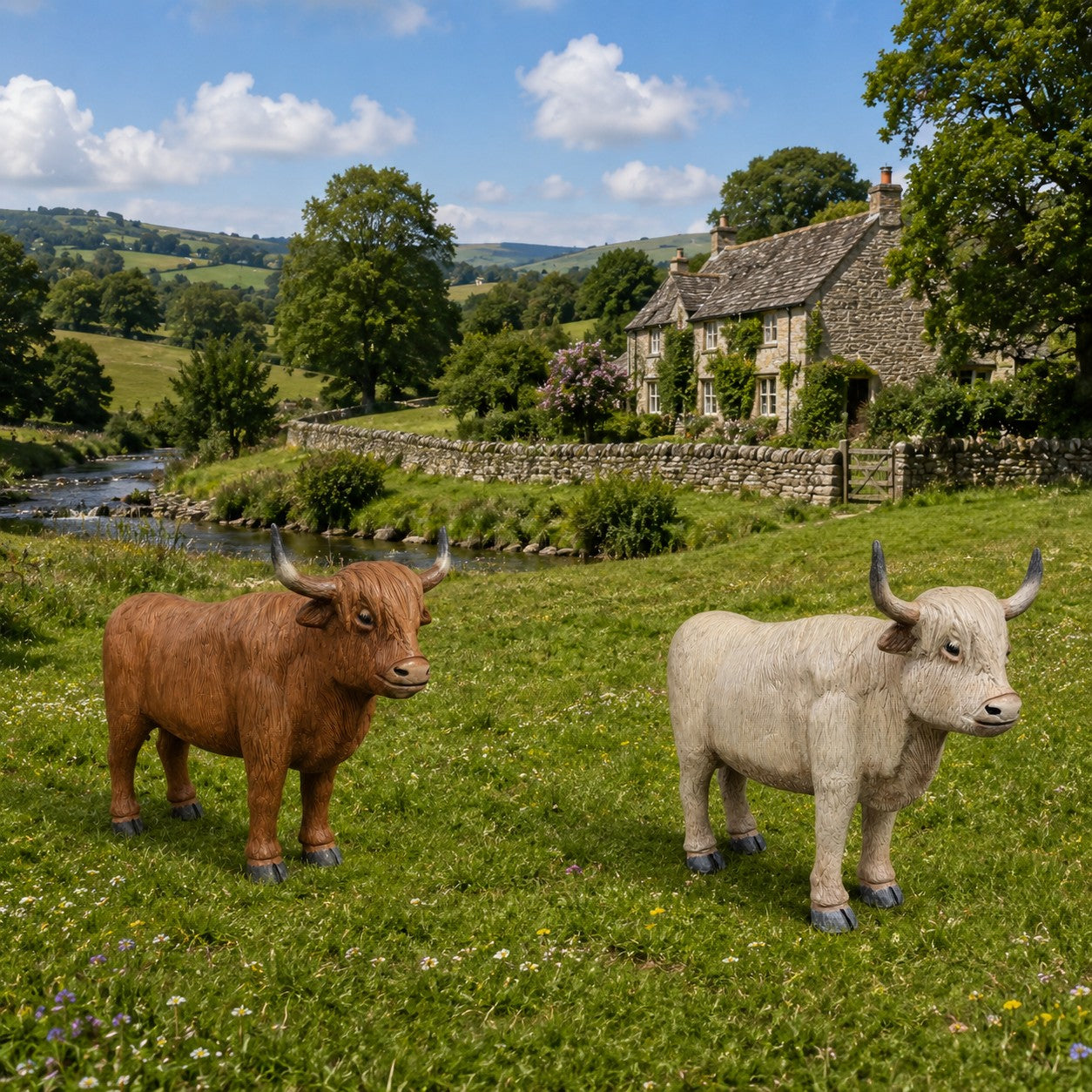 Cast aluminum highland cow with horns showing hair and realistic features
