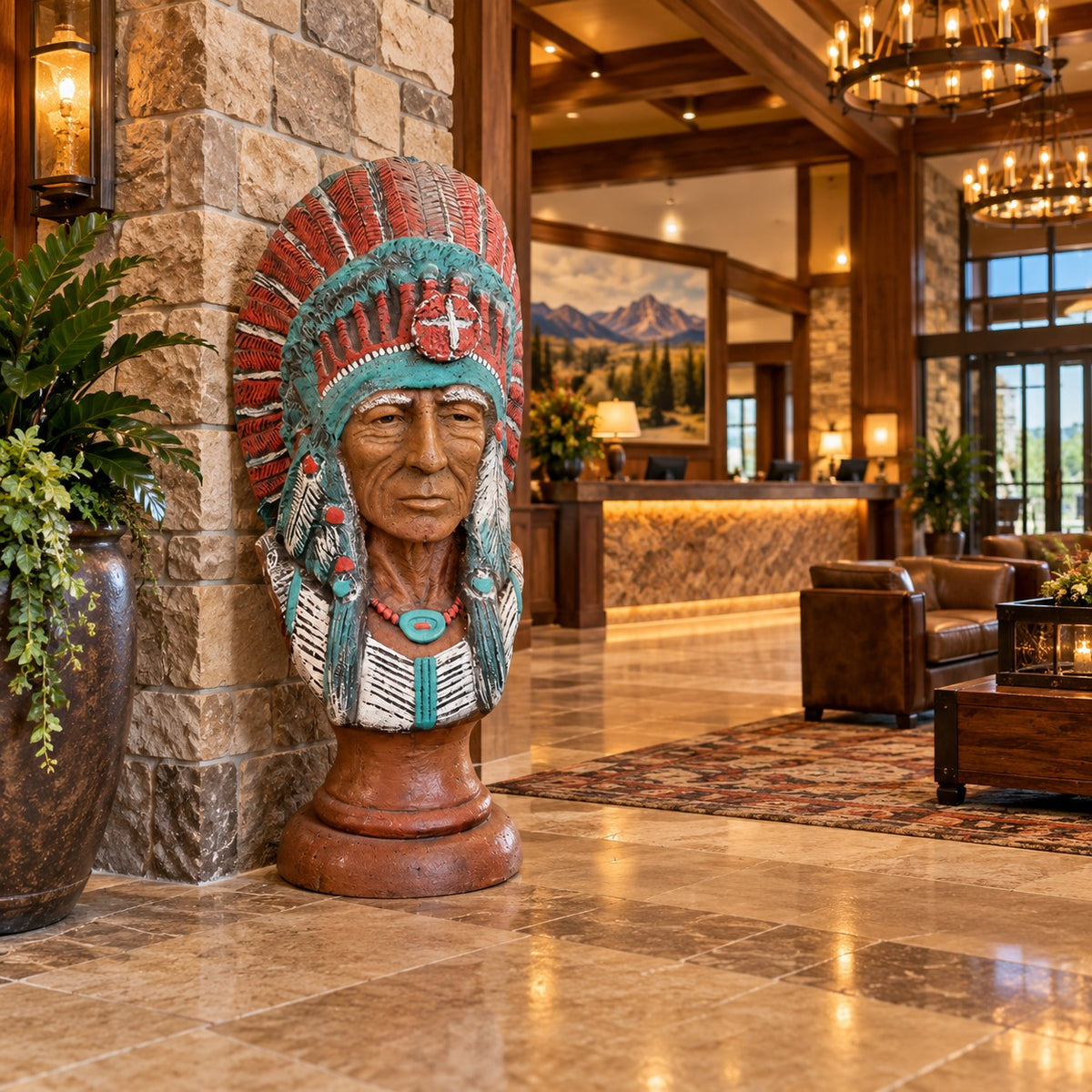 Cast aluminum Indian head bust for western or rustic themed decor.
