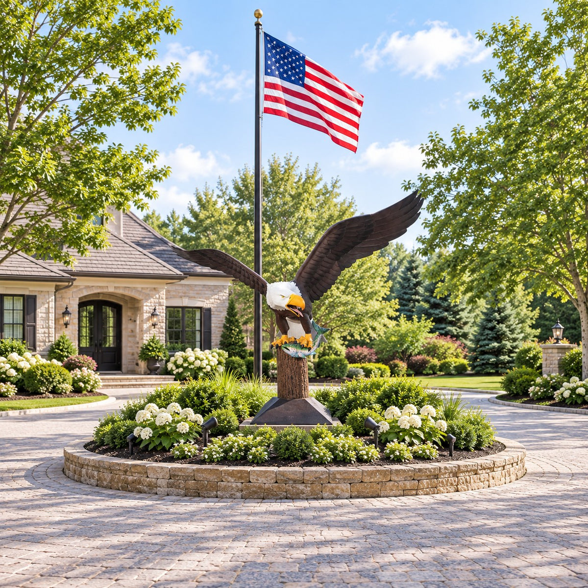 Cast aluminum eagle statue with wings spread, perched on tree stump base for yard or home decor.