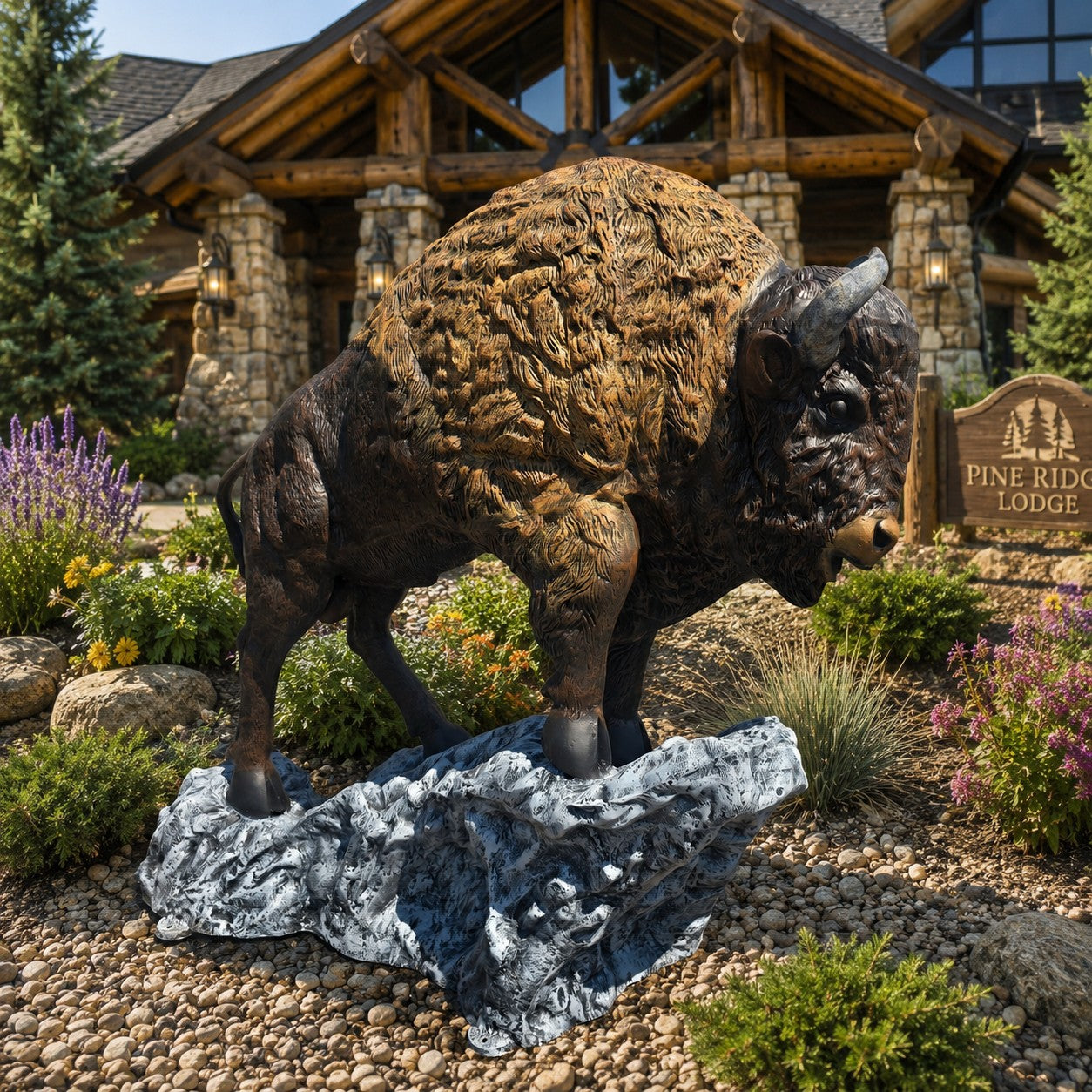 Cast aluminum bison statue for yard decor, detailed fur texture on rocky base, outdoor garden sculpture