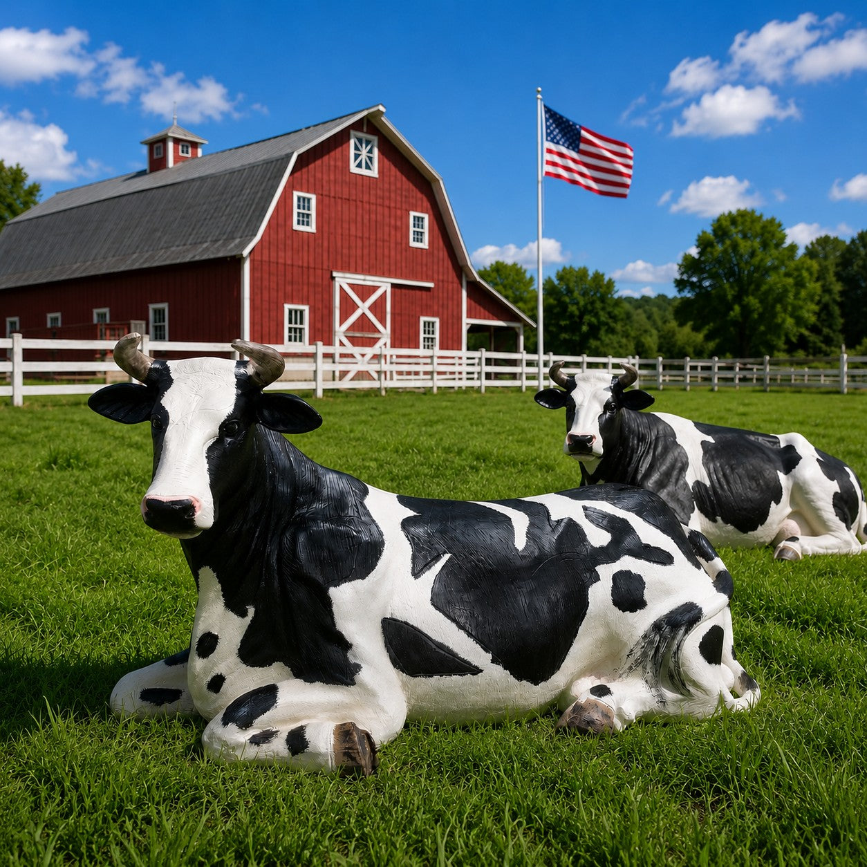 Black and white cow statue lying down, cast aluminum garden decor for backyard or yard