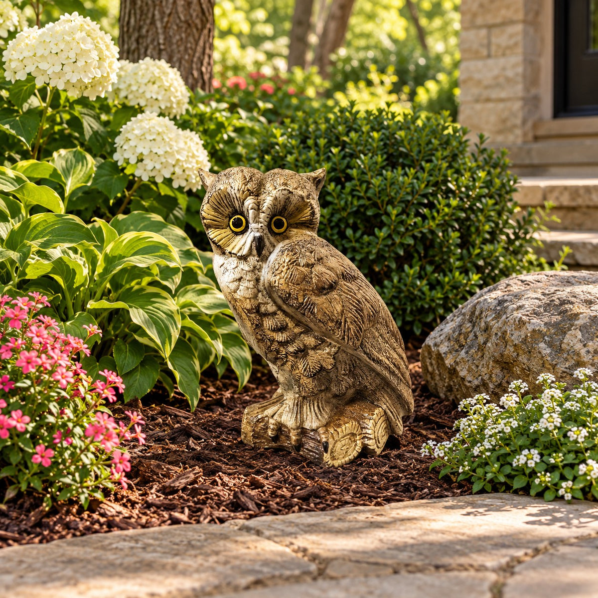 Cast aluminum owl statue with detailed feather texture, perfect for yard or home decor