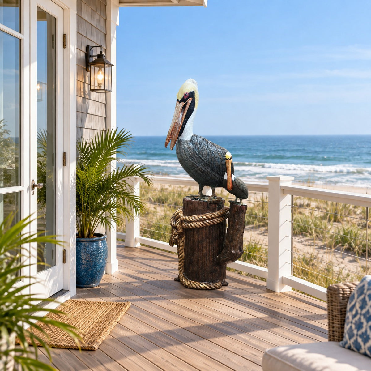 Cast aluminum pelican statue perched on wooden post with rope, outdoor yard decor