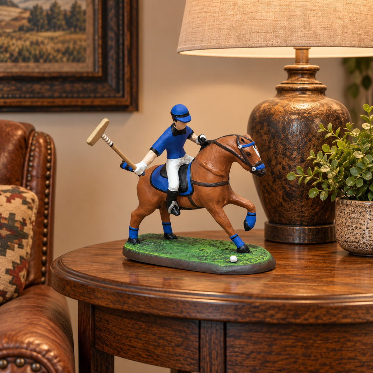 Cast aluminum polo player on horse statue for home decor