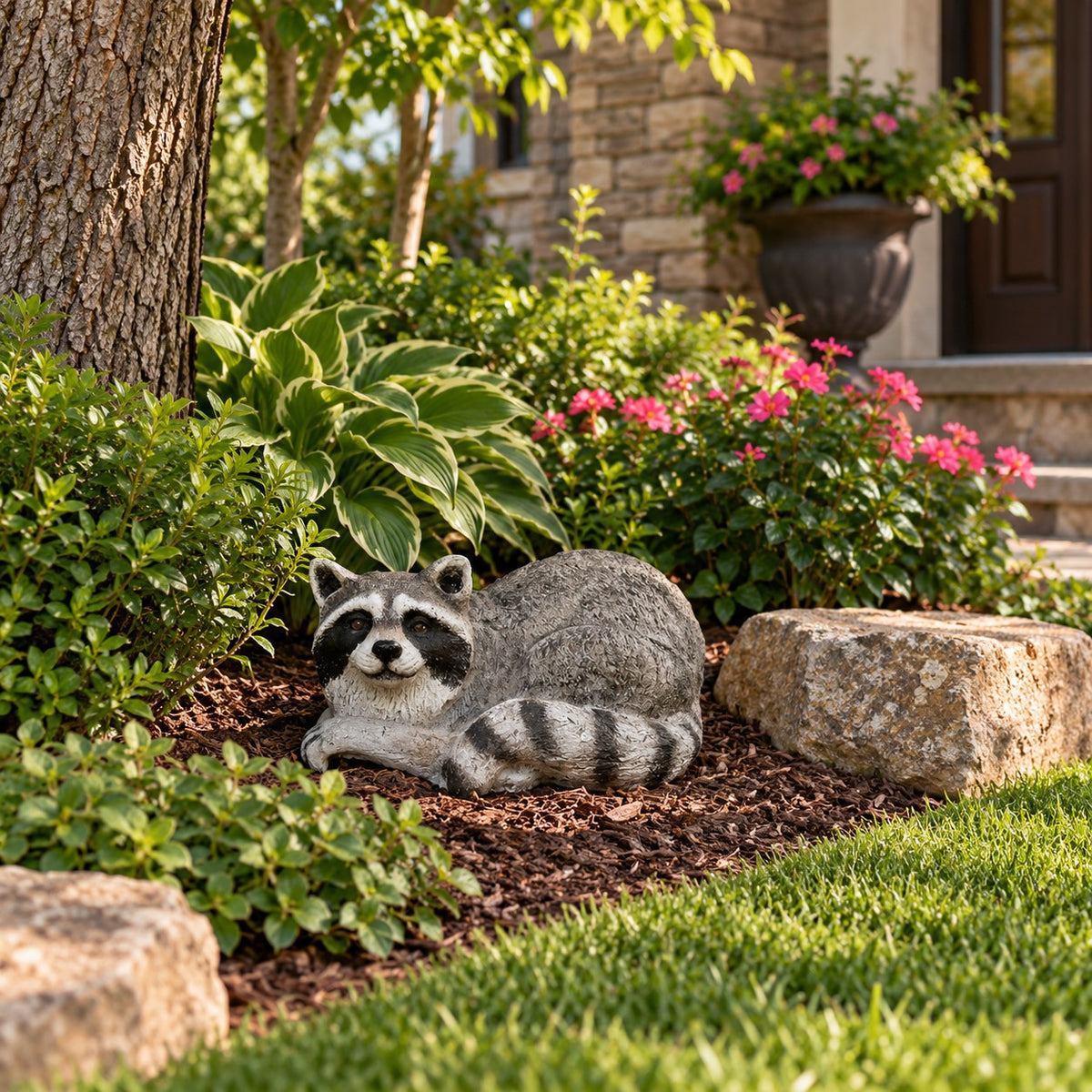 Cast aluminum raccoon statue for yard or home decor, detailed craftsmanship
