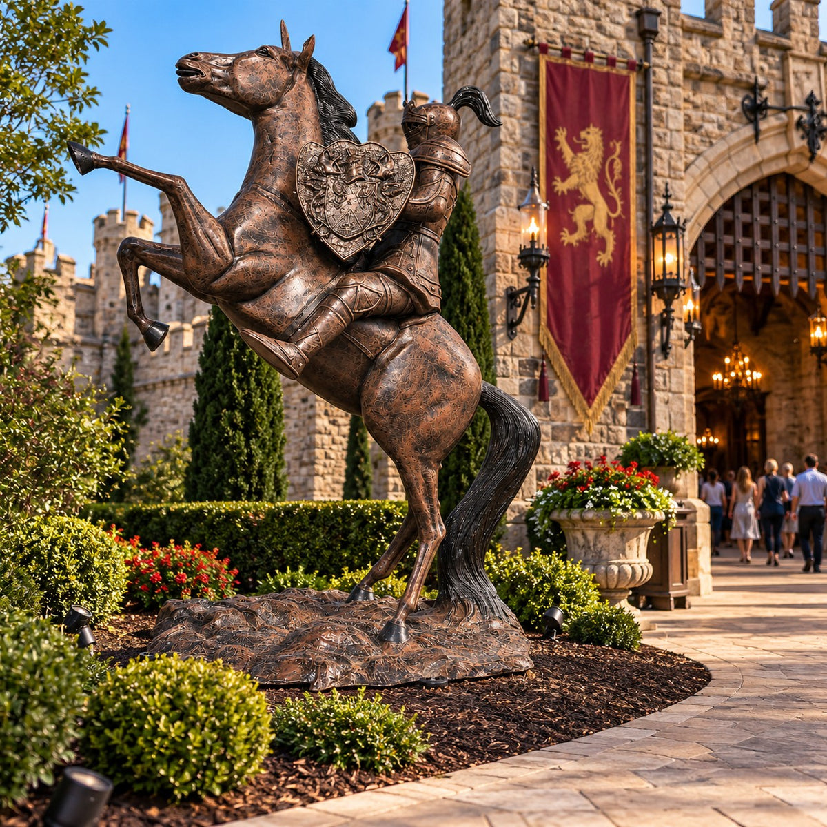Cast aluminum rearing mustang with knight for resident/commercial use perfect for midlevel-themed outdoor decor.