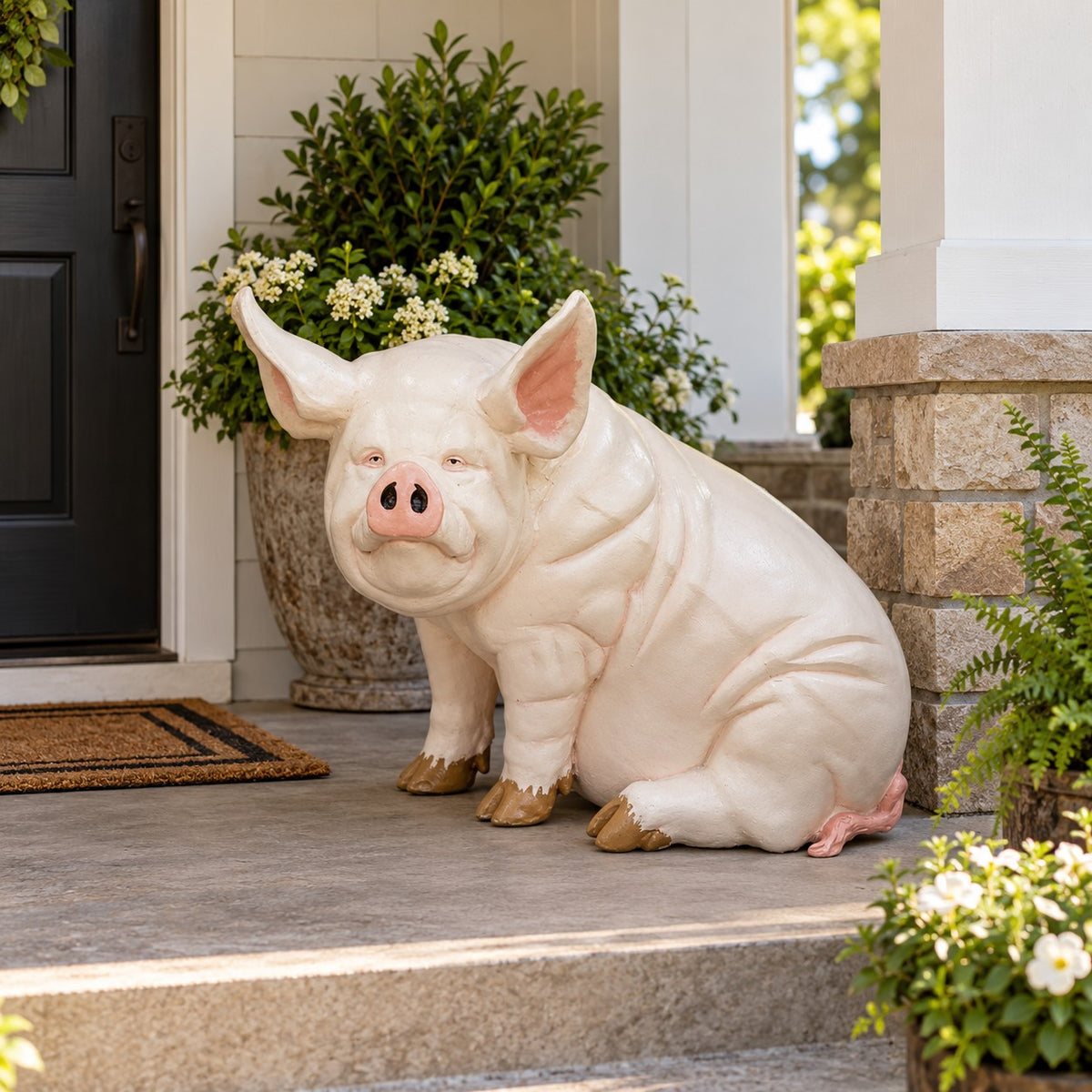 Cast aluminum sitting pot-bellied pig for residential or commercial decor spaces.