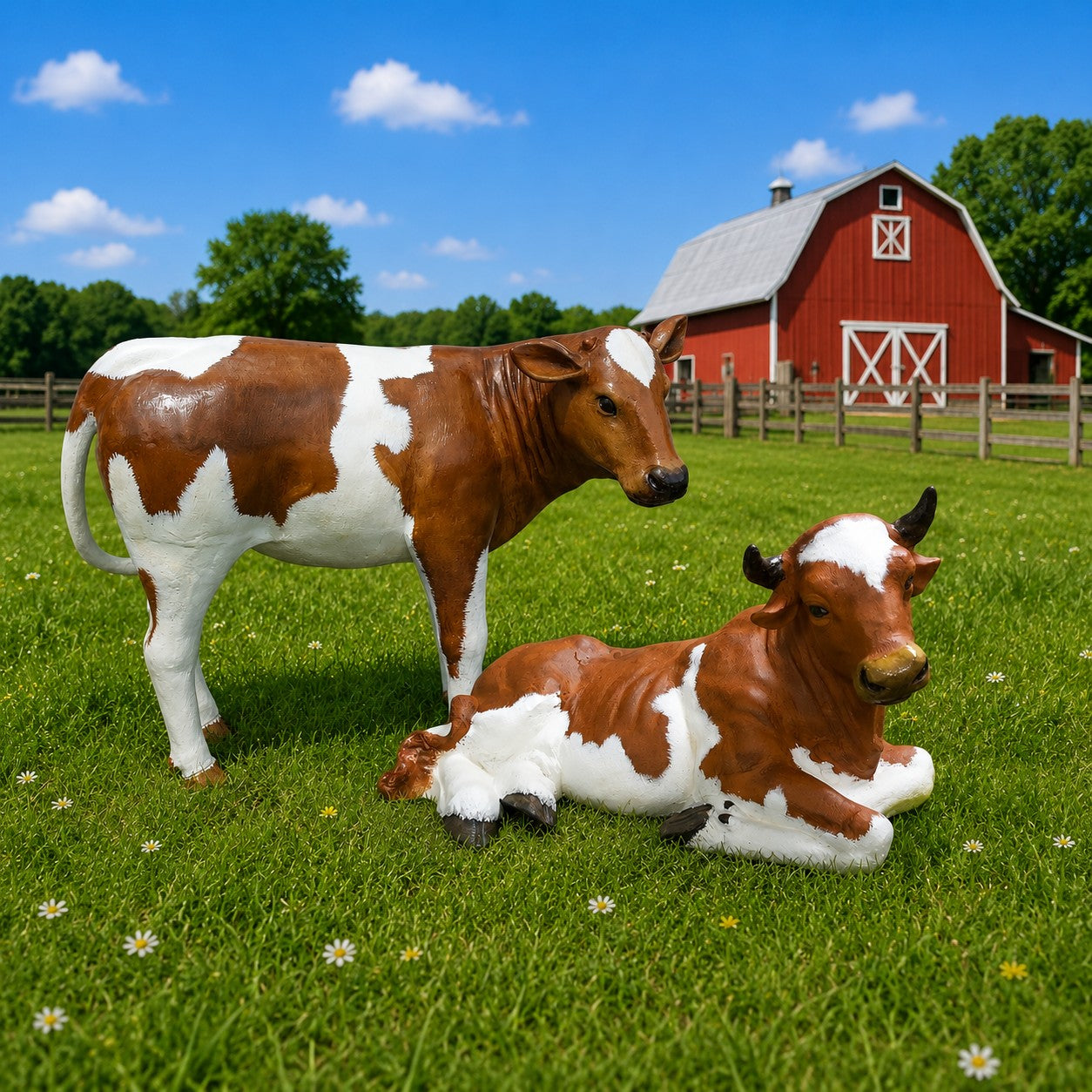 Small cast aluminum brown and white calf with horns laying down and a small brown and white roping calf